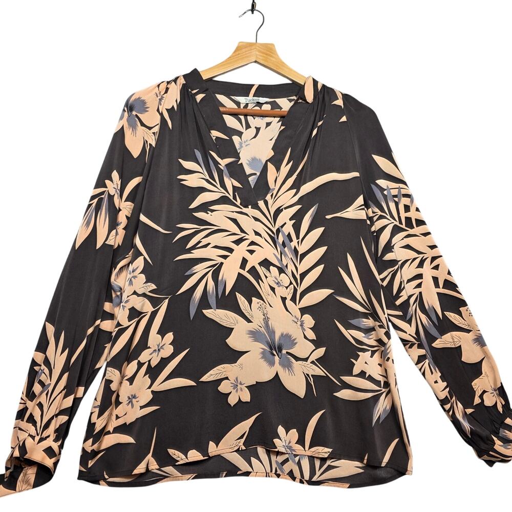 Tucker Chocolate Brown Tropical Silk Vneck Button Up Blouse Size Med